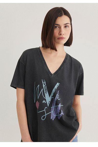 Mavi Printed Anthracite Loose Fit Istanbul T-Shirt