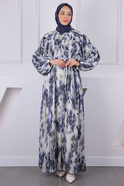 İmajButik Φόρεμα σιφόν με μοτίβο με μπλε ζωνάκι