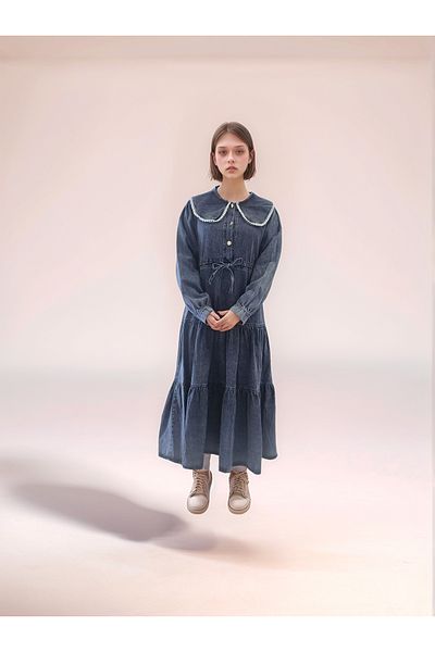 Asortik Kids Young Girl's Long Length Modest Denim Dress Suitable For-100% Cotton Long Denim Dress