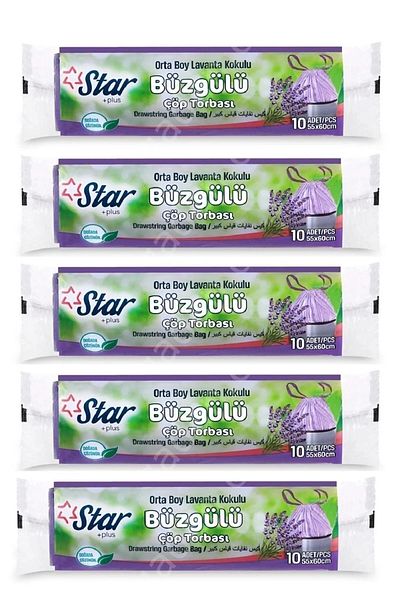 Owersea Medium Size 55X60 Star Drawstring Garbage Bag with Lavender Scent 5 Rolls 50 Liters