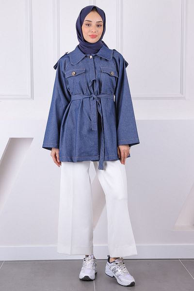 İmajButik Μπουφάν με διπλή τσέπη με ζώνη Navy Blue