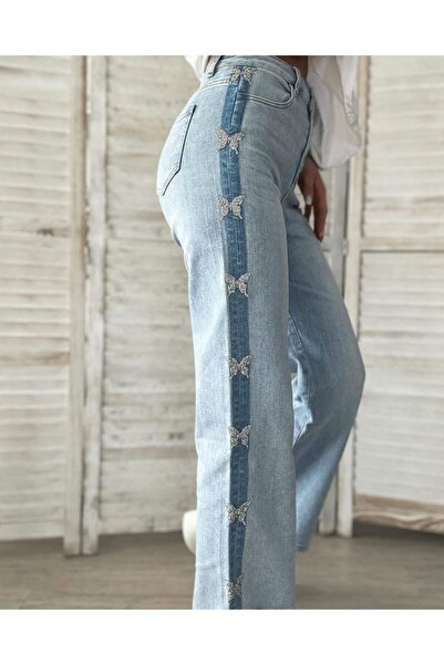 ADA MODA Blugi evazați elastici, accesorizați cu fluturi cu strasuri pe lateral
