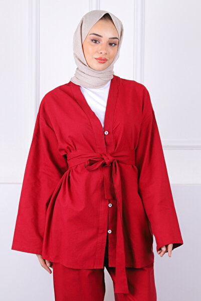 İmajButik Burgundy Belted Kimono Pants Suit
