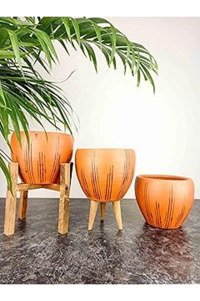 Mu Art Ahşap Plant Design Home Decoration Black Line Pattern Terracotta Soil Flower Pot Flower Pot Living Room Flower Pot Three
