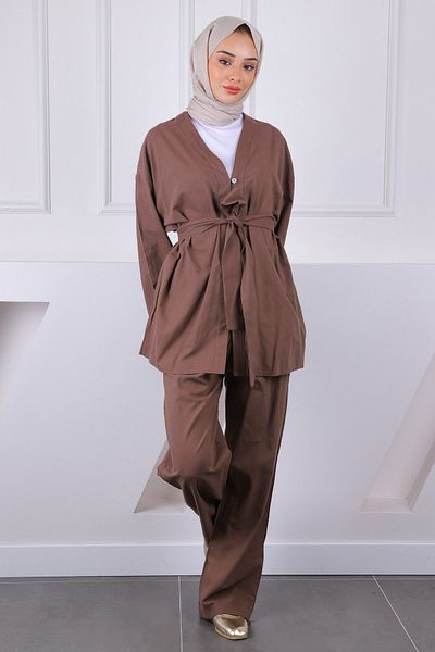 İmajButik Brown Belted Kimono Pants Suit