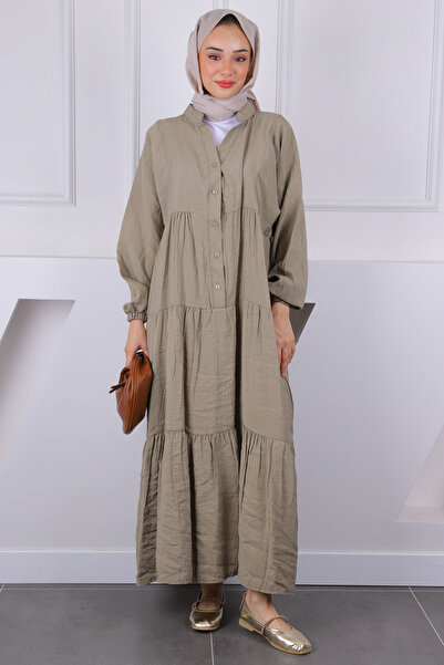 İmajButik Φόρεμα μοντέρνο με μισό κουμπί χακί
