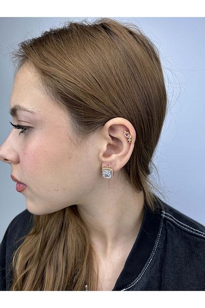 Neon Takı by Atalay Sensitivity Tag and Zircon Stone, Baguette Model, Stainless Steel Earrings 42, Case Gold Color