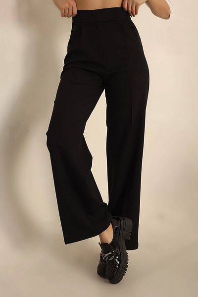 TETYS Pantaloni palazzo cu velcro plisați cu talie înaltă pentru femei negre