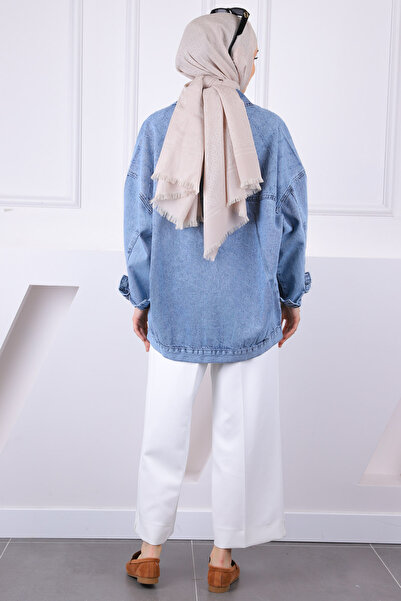 İmajButik Mavi Lazer Kesim Kot Ceket