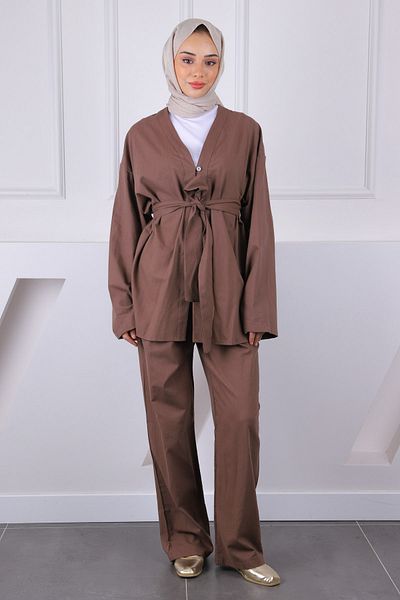 İmajButik Brown Belted Kimono Pants Suit