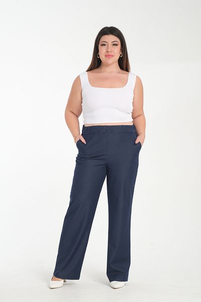 Gül Moda Μεταξωτό τζιν Παντελόνι Plus Size Ελαστική μέση Navy Blue g116-1