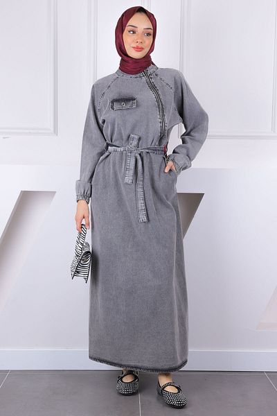 İmajButik Τζιν φόρεμα με καπνιστή μέση