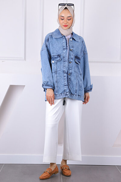 İmajButik Mavi Lazer Kesim Kot Ceket
