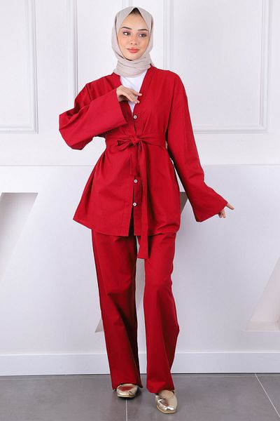 İmajButik Burgundy Belted Kimono Pants Suit