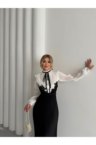 1Moda1Tarz Γυναικείο εισαγόμενο ασημί Yoryo σιφόν ύφασμα δαντέλα Λεπτομερές πλισέ με κορδέλα με επένδυση ειδικού σχεδίου