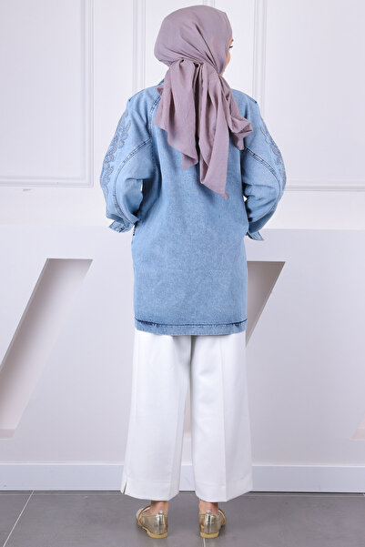 İmajButik Light Blue Sequin Embroidered Pocket Denim Jacket