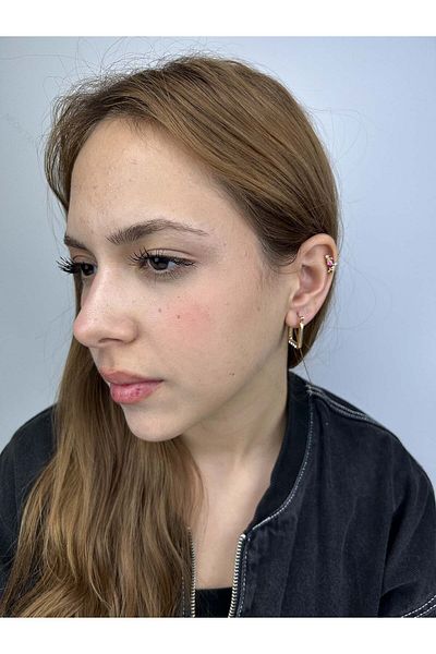 Neon Takı by Atalay Sentimentality Tag and Xxx Zircon Stone, Upright Quadrilateral Ring Model Stainless Steel Earrings 133 Gold Color