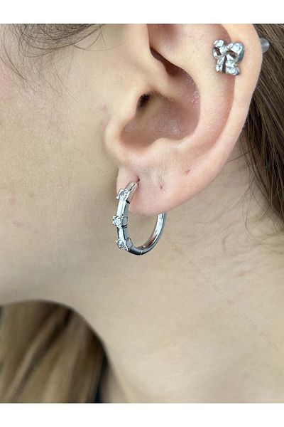 Neon Takı by Atalay Sensitivity Sticker and Zircon Stone, Ring, Platinum Plated Stainless Steel Earrings 544, Silver Color