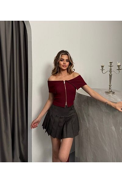 İLKCET MODA Οθωμανική μπλούζα με γιακά Madonna με φερμουάρ