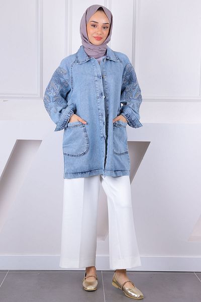 İmajButik Τζιν μπουφάν με κέντημα με παγιέτες γαλάζιο