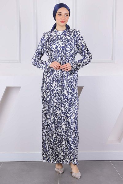 İmajButik Φόρεμα από σατέν πλισέ με μπλε ναυτικό σχέδιο