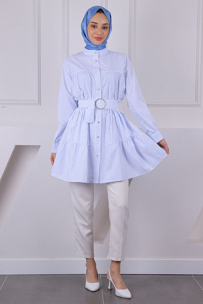 İmajButik Λευκό Μπλε Judge Collar ριγέ τουνίκ ποπλίνα