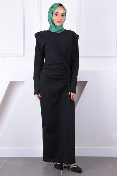 İmajButik Μαύρο μπροστινό μαζεμένο φόρεμα με επένδυση