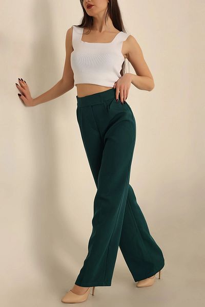 TETYS Emerald Green Women's High Waist Pleated Velcro Palazzo Trousers