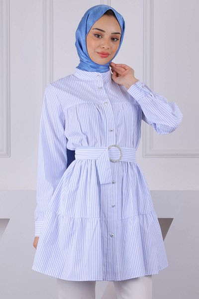 İmajButik Λευκό Μπλε Judge Collar ριγέ τουνίκ ποπλίνα
