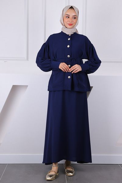 İmajButik بدلة تنورة سترة بأكمام برباط باللون الأزرق الداكن