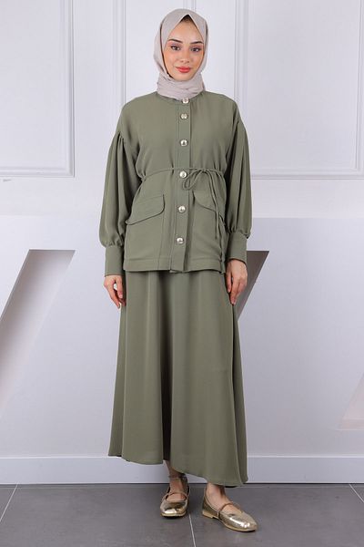 İmajButik Χακί μανίκι μαζεμένο μπουφάν κοστούμι φούστα
