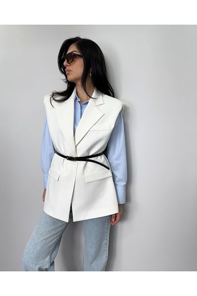 DEQ FASHION White Padded Belted Oversize Vest