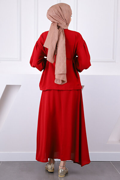 İmajButik Burgundy Sleeve Gathered Jacket Skirt Suit