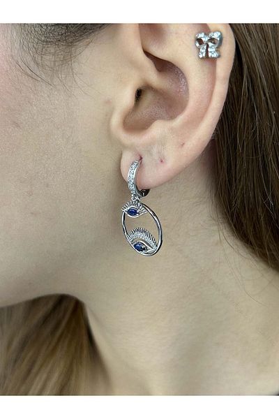 Neon Takı by Atalay Sensitivity Sticker and Zircon Stone, Eye Figured, Platinum Plated Stainless Earrings 456, Silver Color
