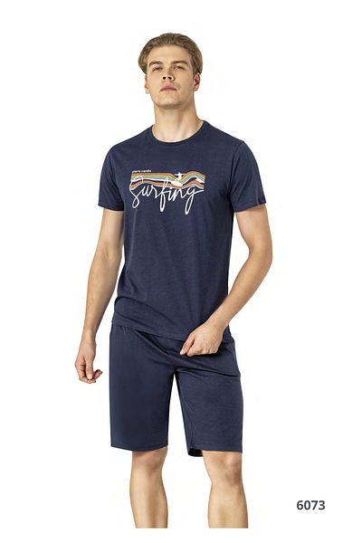Pierre Cardin Men's Indigo Short Sleeve Printed Shorts Home Wear Set