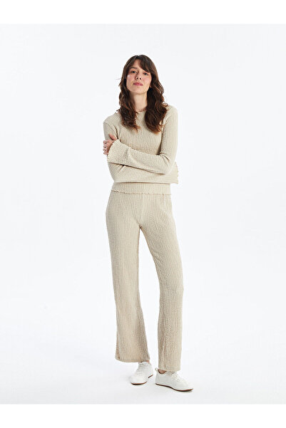 LC Waikiki Beige Textured Women's Trousers with Elastic Waist