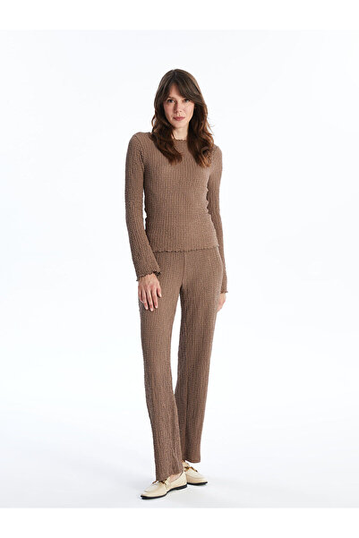 LC Waikiki Brown Textured Women's Trousers with Elastic Waist