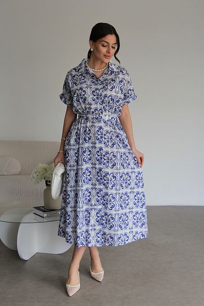 Julidress Rochie cămașă cu imprimeu cu gresie albă și albastră, cu nasturi în sus și curea