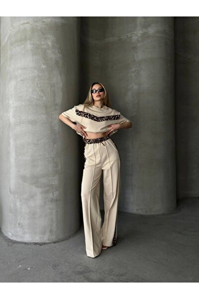 b buhari bykoc Leopard Garnished Grass 2 Thread Fabric Short Leg Wide Leg Tracksuit Set