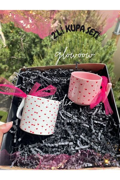 HobiShop 2'li Kalpli Kupa Seti - Beyaz Ve Pembe Kupa, Doğum Günü Şık Hediye Ö...