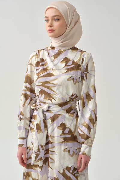 Tuğba Pile Ve Büzgü Detaylı Desenli Elbise - Lila