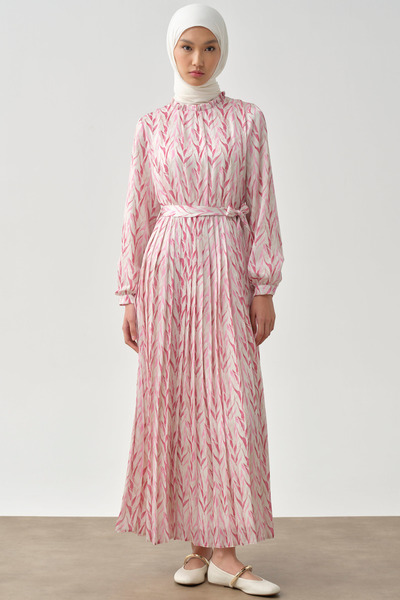 Tuğba Bel Lastikli Pliseli Desenli Elbise - Pembe