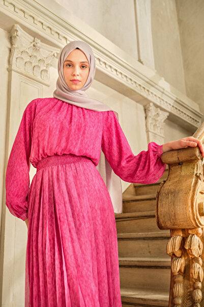 Tuğba Bel Lastikli Pliseli Elbise - Fuşya