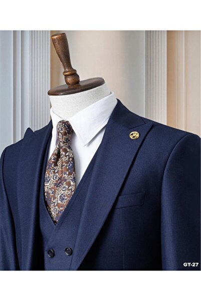 Butik Erkek Koyu Lacivert  Basic italyan Style Slim fit Dar Kesim Sivri Yaka Takım Elbise Yelekli