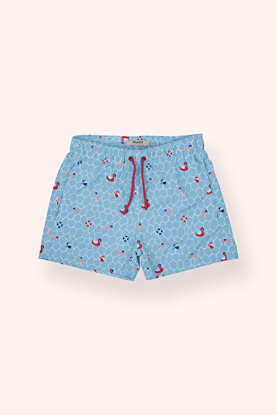 Panço Erkek Çocuk Filamingo Yıldızı Desenli Mavi Deniz Şortu