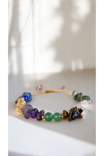 Bensei Takı Dükkanı Bensei Chakra Bracelet, Adjustable Gold String, Brass Bea...