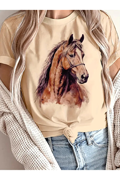 l'eivor Γυναικείο μπλουζάκι από βαμβακερό μπεζ στάμπα αλόγου