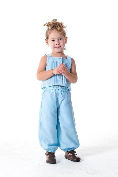 Next Baby Little Twins Cotton Blue Pleated Linen Short Sleeve Bottom Top Set