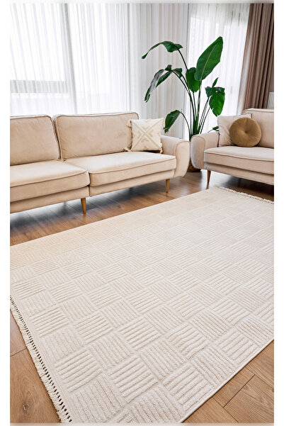 Apex Halı Anemon 6821 Beyaz Yumuşak Dokulu İskandinav Motifli Kaymaz Yıkanabi...