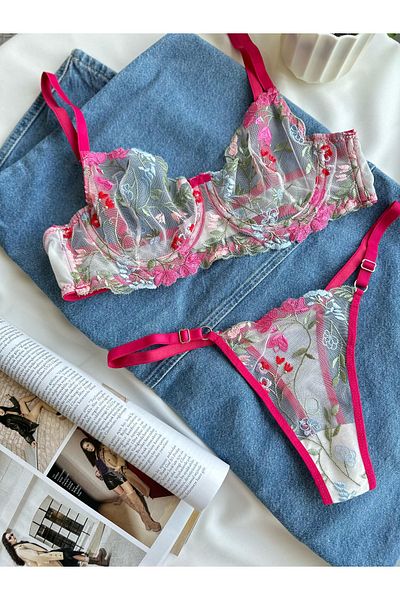 Nashera Pink Floral Embroidered Brode Underwire Bralette Bra Underwear Set